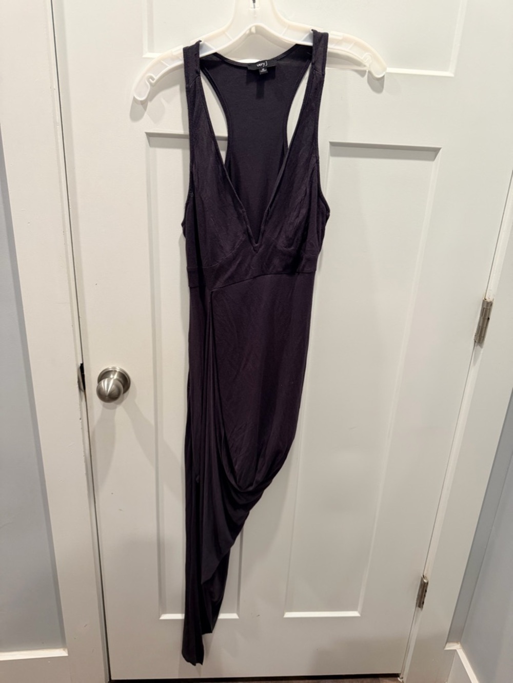 Very J Asymmetrical Dress Medium Gray Deep V Bodycon Midi Draped Hem